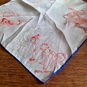 1920s Children's Silk Hankie Nursery Rhymes Scarf Pocket Square Hand Rolled Edge